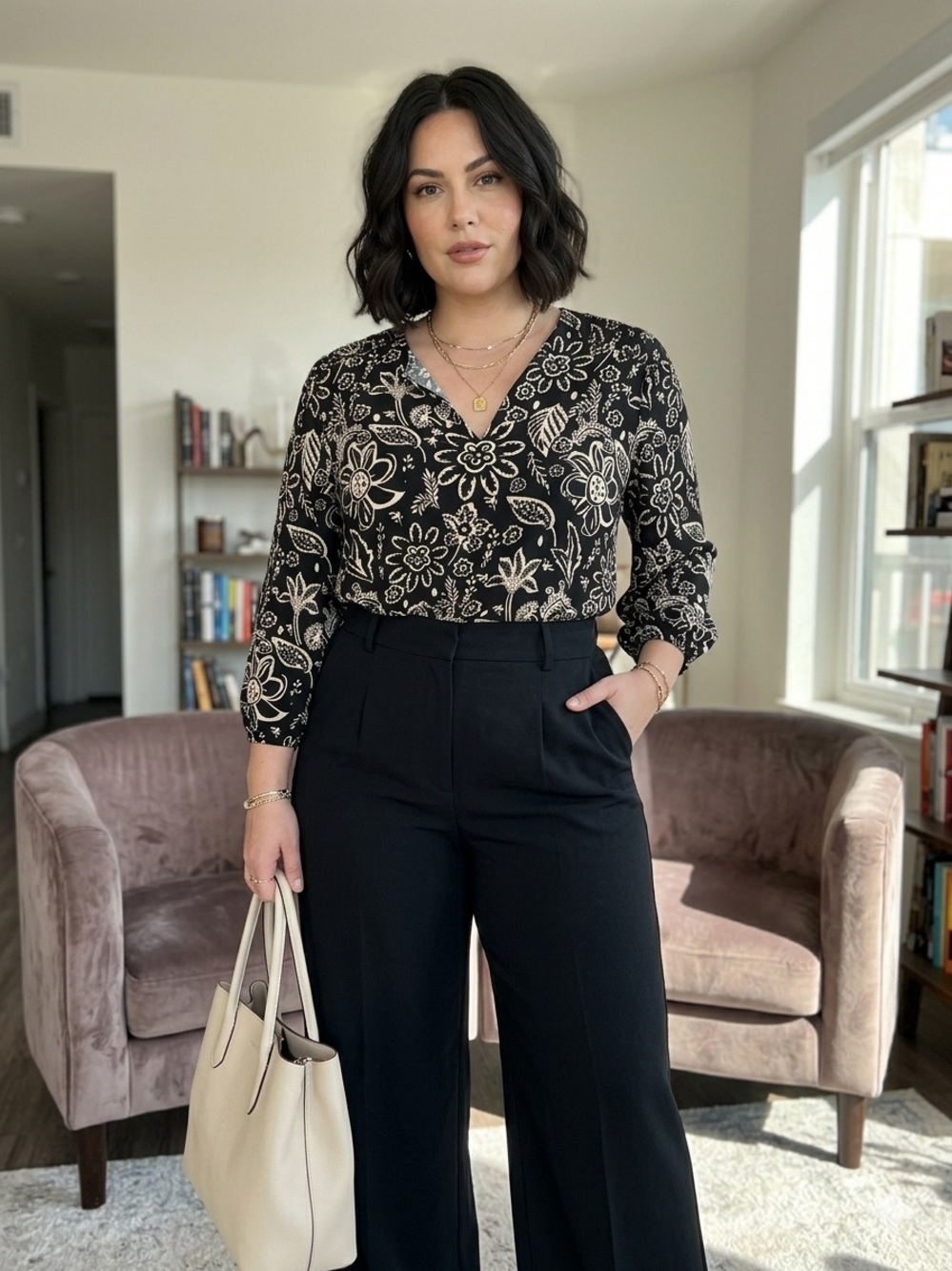 Adrianna Papell 3X Black & White Floral Blouse | Balloon Sleeve Plus Size Career